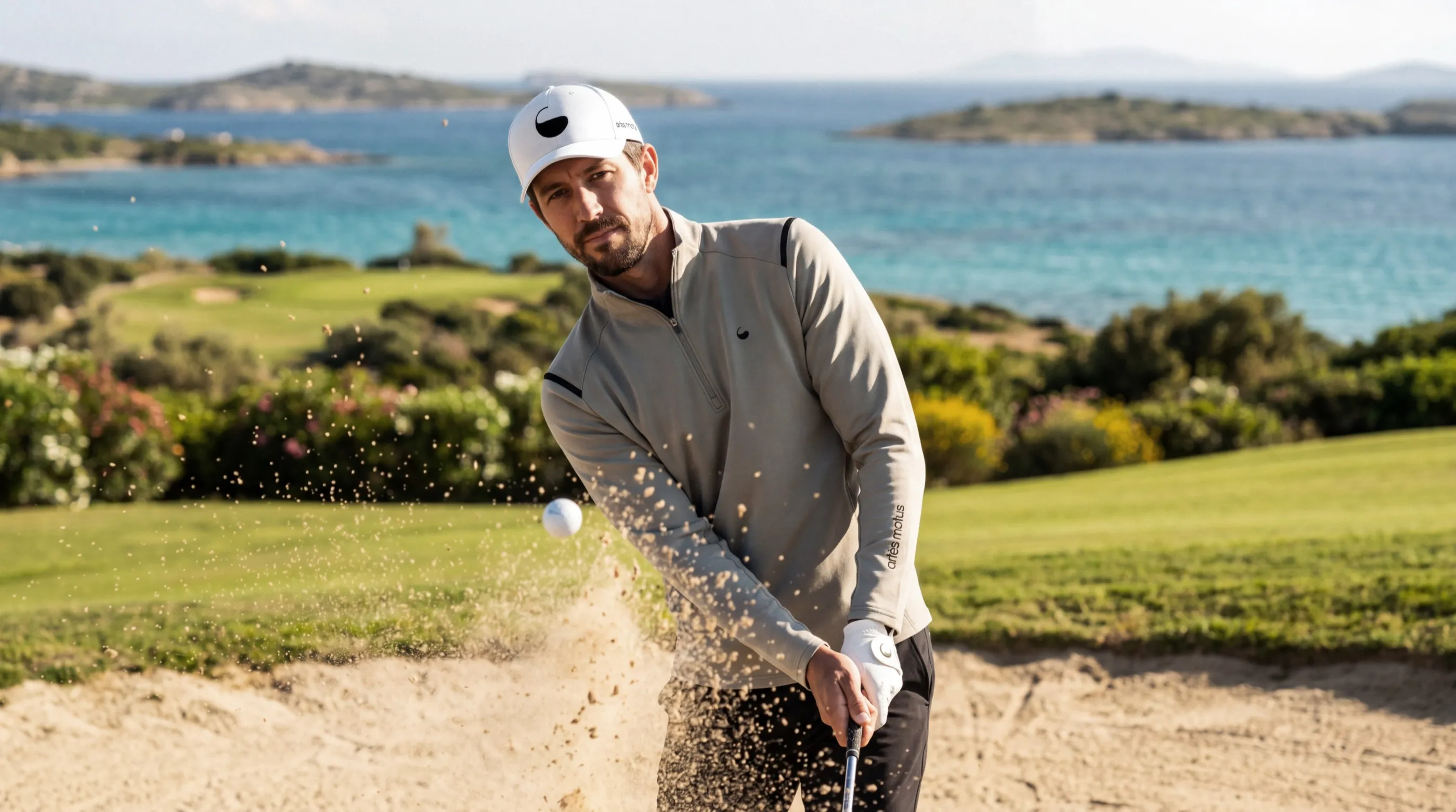 The male golfer in a grey quarter-zip chipping out of a bunker, ball in the air, sea behind