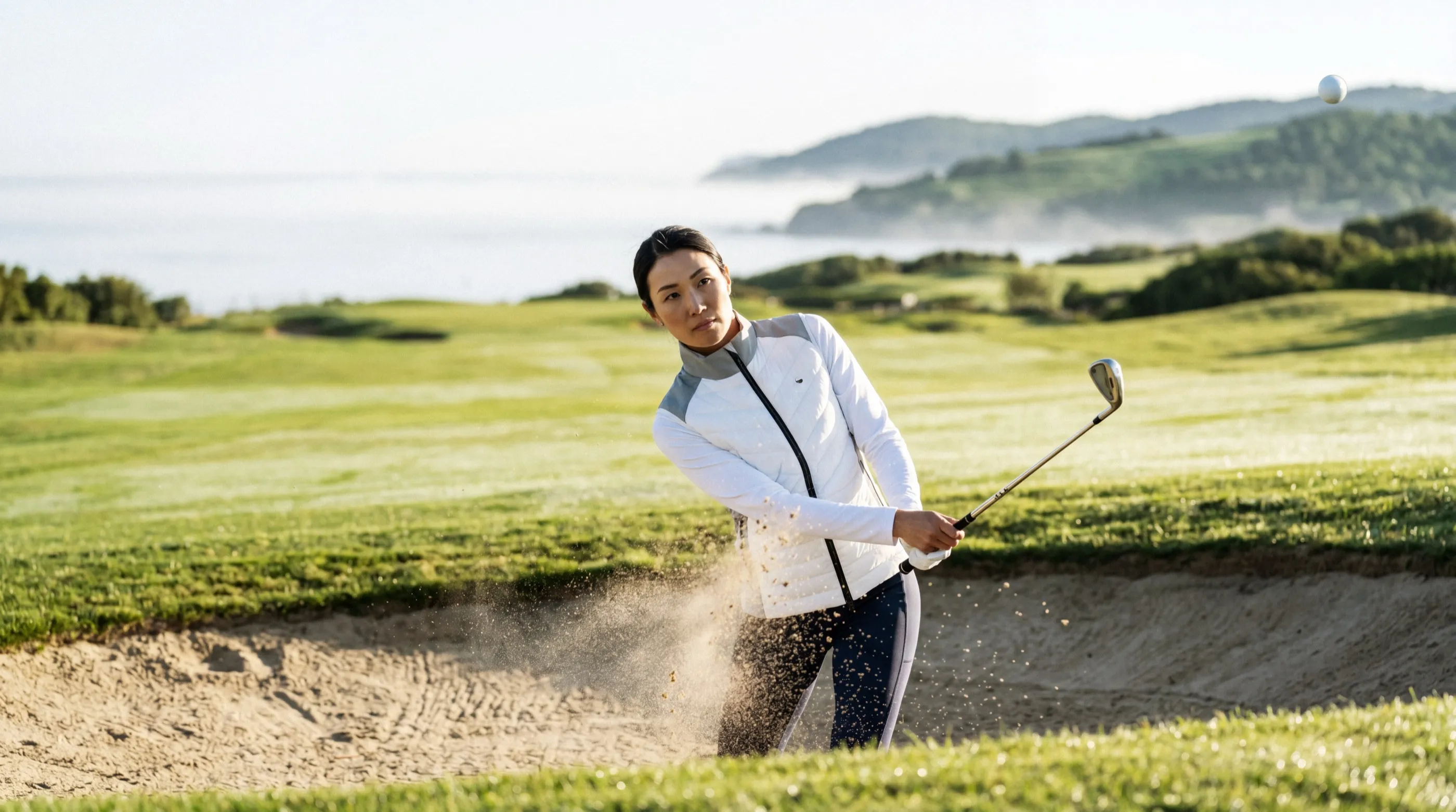 The female golfer in a white jacket playing out of a bunker, sand in the air, the coast behind