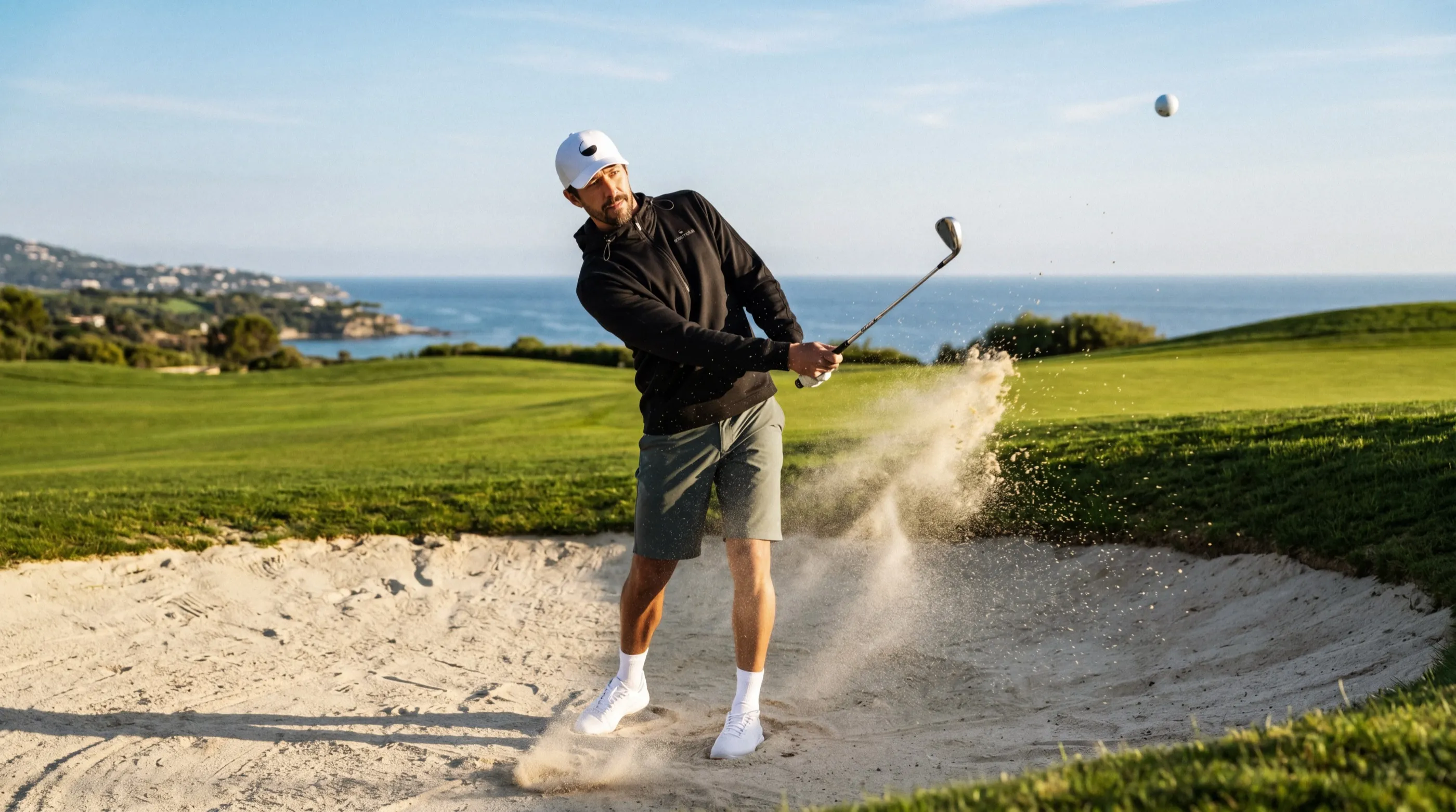 The male golfer in black splashing out of a bunker, sand flying, the sea behind