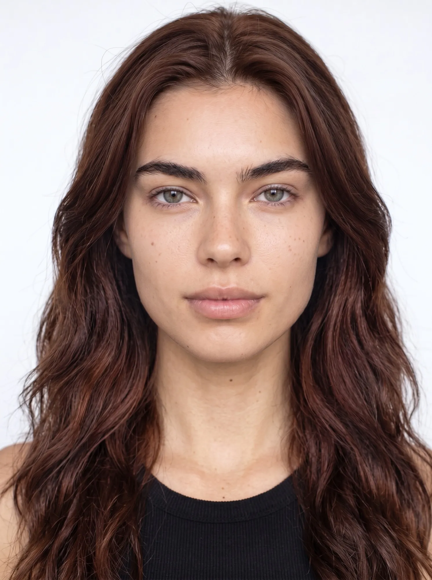 The model from the front, with long auburn wavy hair