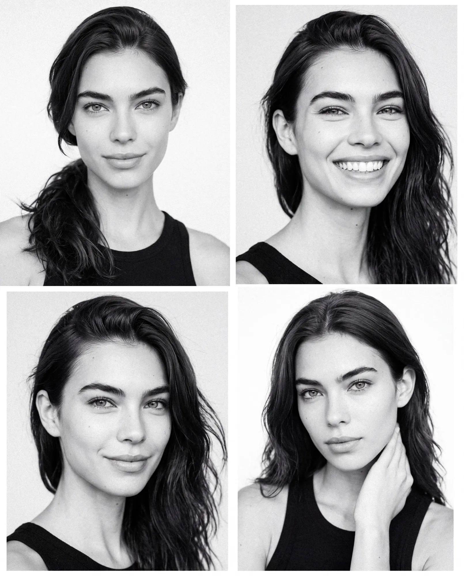 Four black-and-white polaroids of the model: a steady look, a smile, a three-quarter turn, a hand at the neck