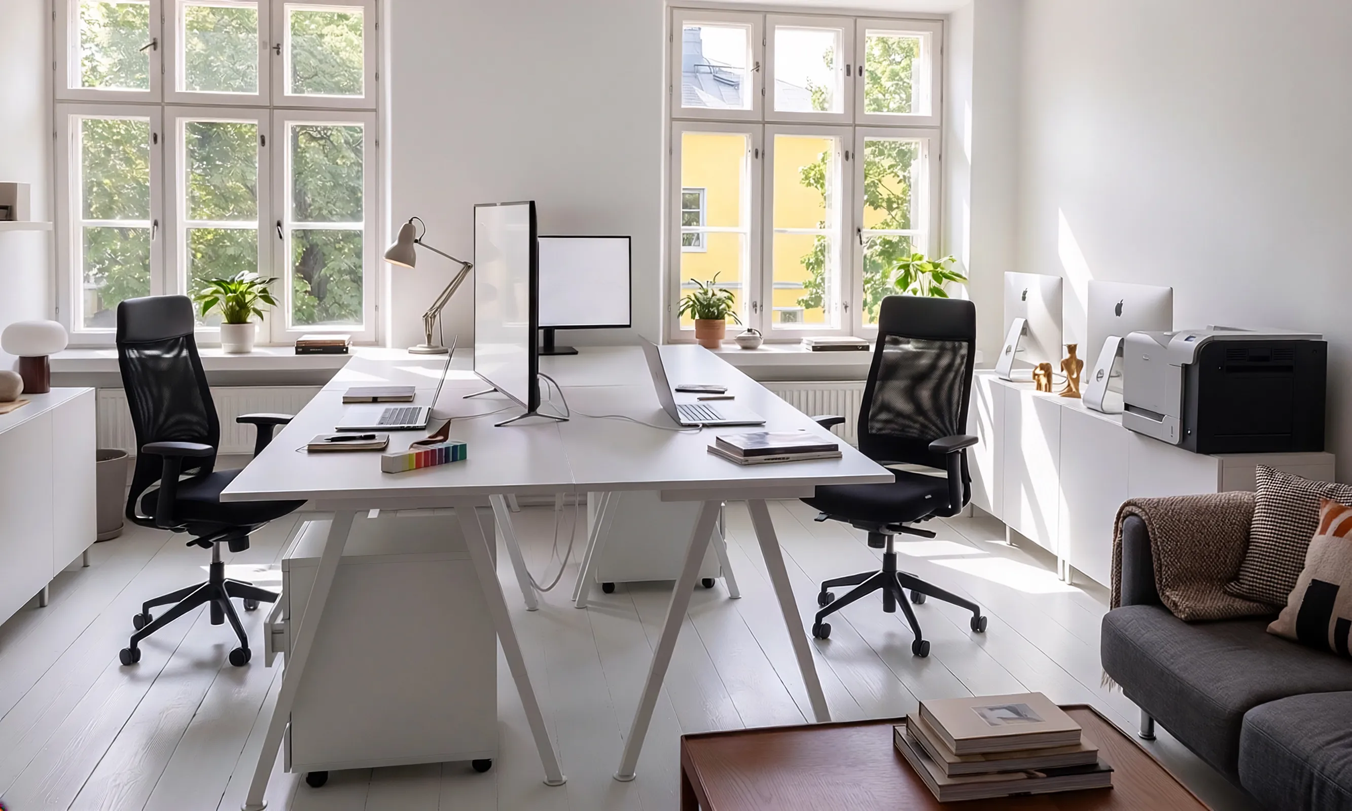 The shared table by tall windows inside the studio