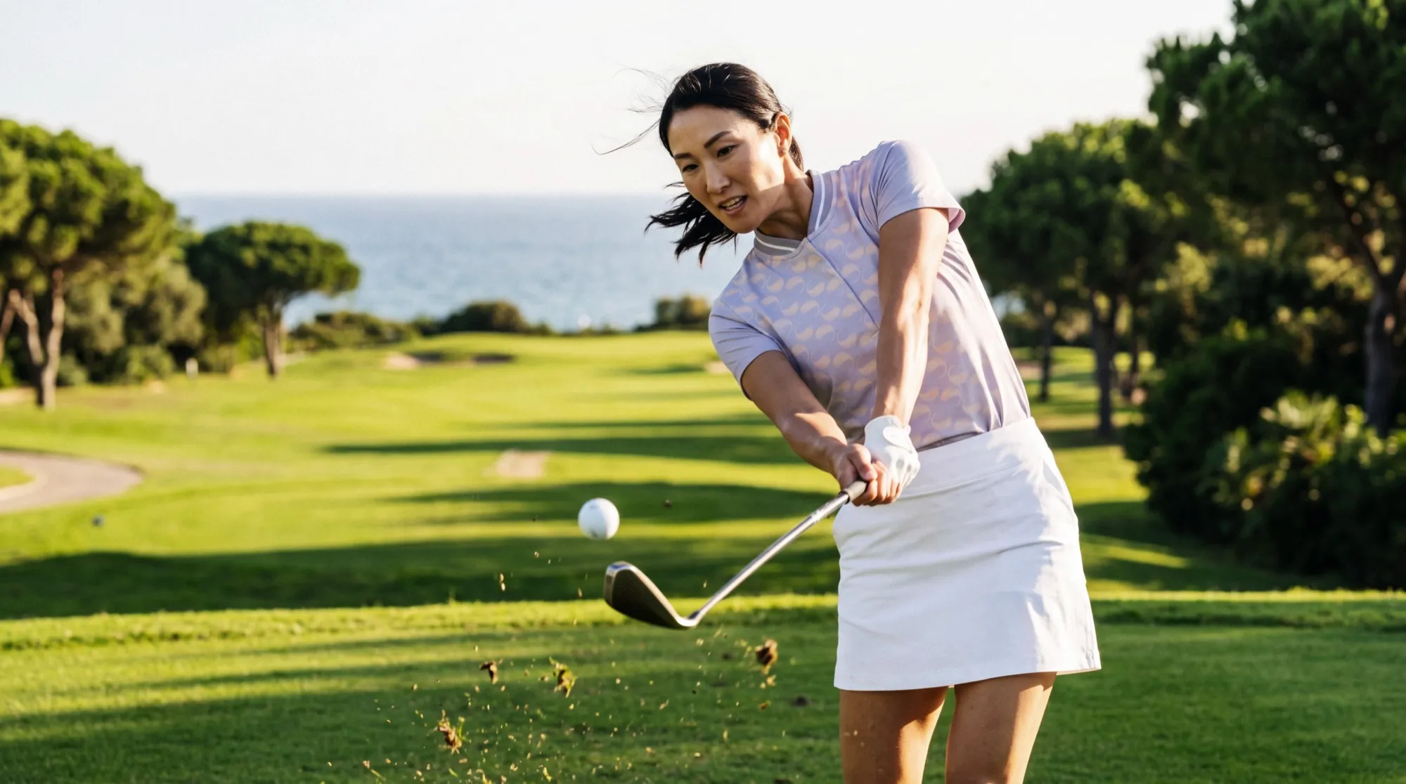 The female golfer just after impact, her gloved lead hand above the bare trail hand, ball and turf in the air, sea behind the fairway