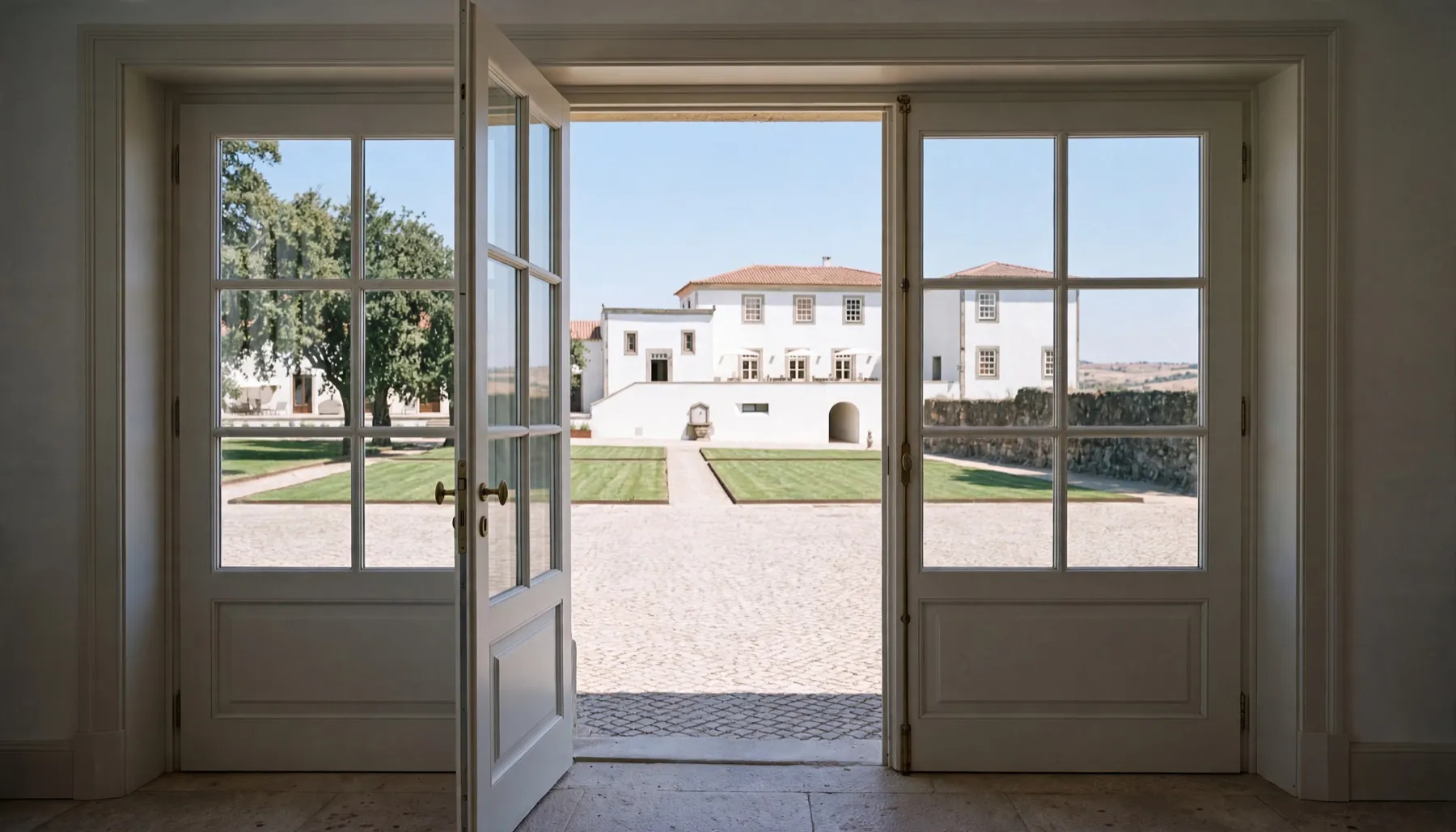 Open glazed doors in a white hallway, looking out across the cobbles and lawns to the house