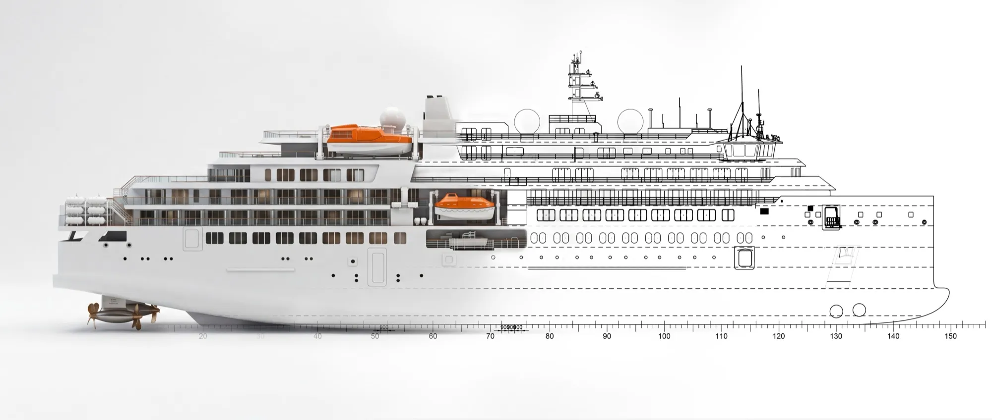 The same drawing, rendered as a white ship at the stern and still line work towards the bow