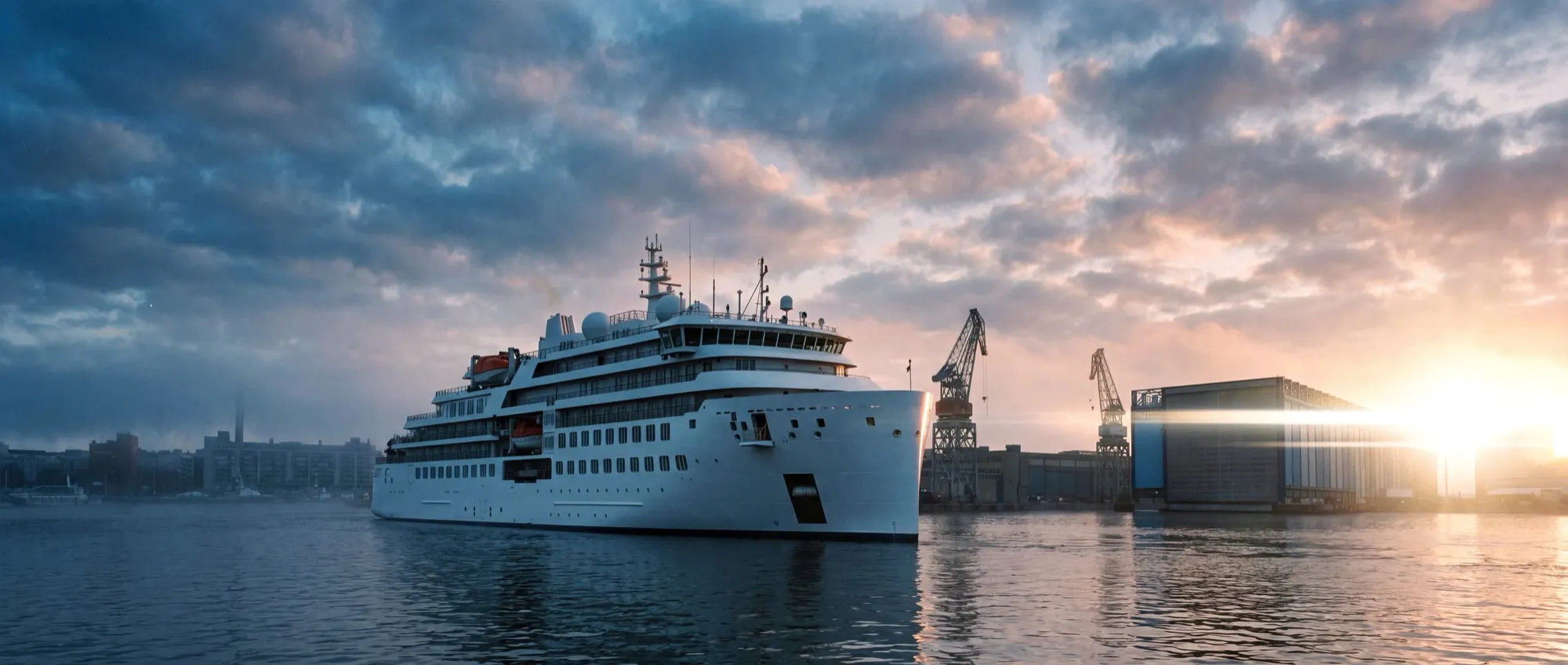 Visualization of a white expedition cruise ship on calm water at dusk, a shipyard modelled on Hietalahti behind it, the sun low on the right