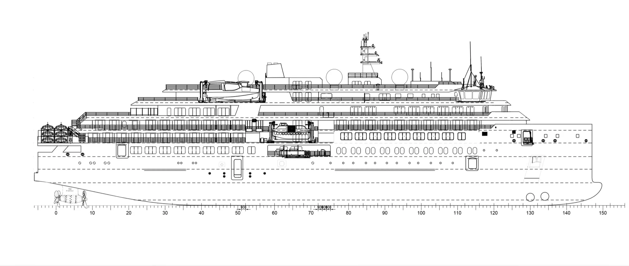 Technical drawing of the expedition cruise ship above a scale
