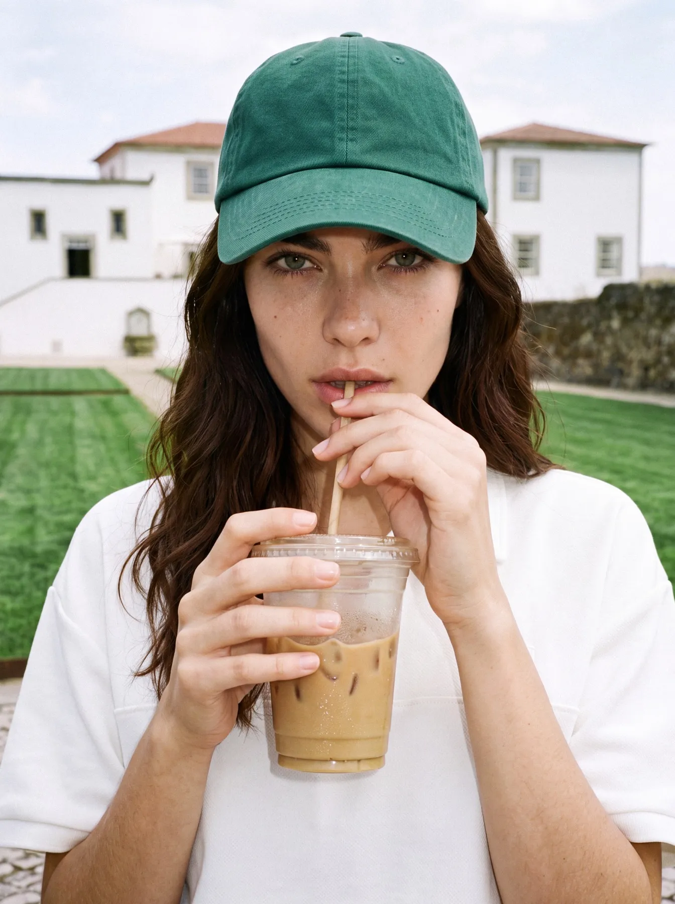 Close-up of the model in a green cap drinking an iced coffee