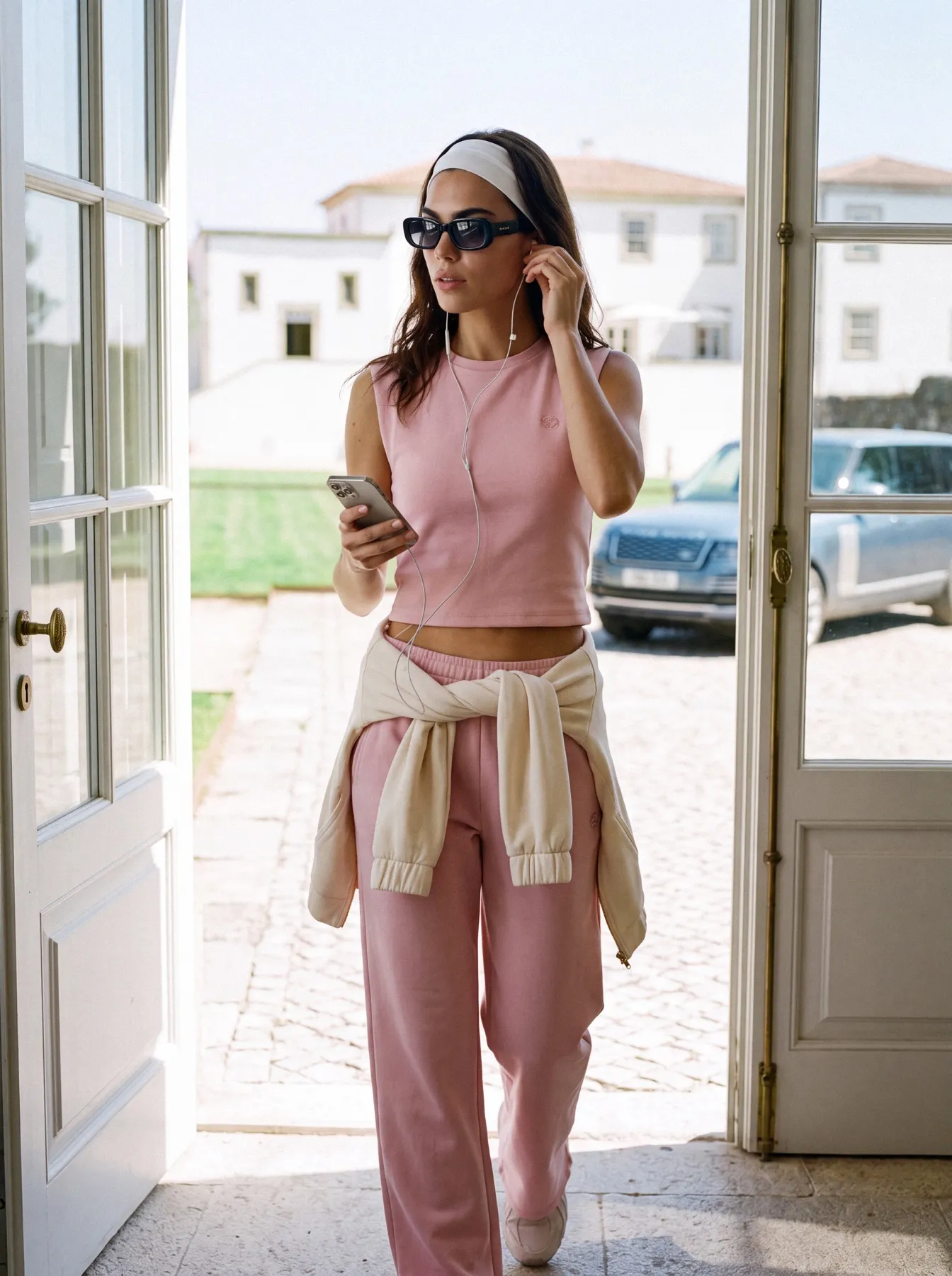 Model in a pink top and trousers in the open doorway, checking a phone, the blue car outside